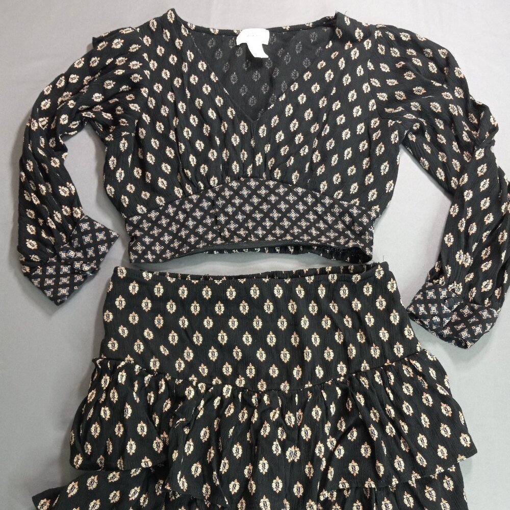 Jopaa Boho Cropped Top & Smocked & Tiered‎ Mini Skirt Black & White Set Size M